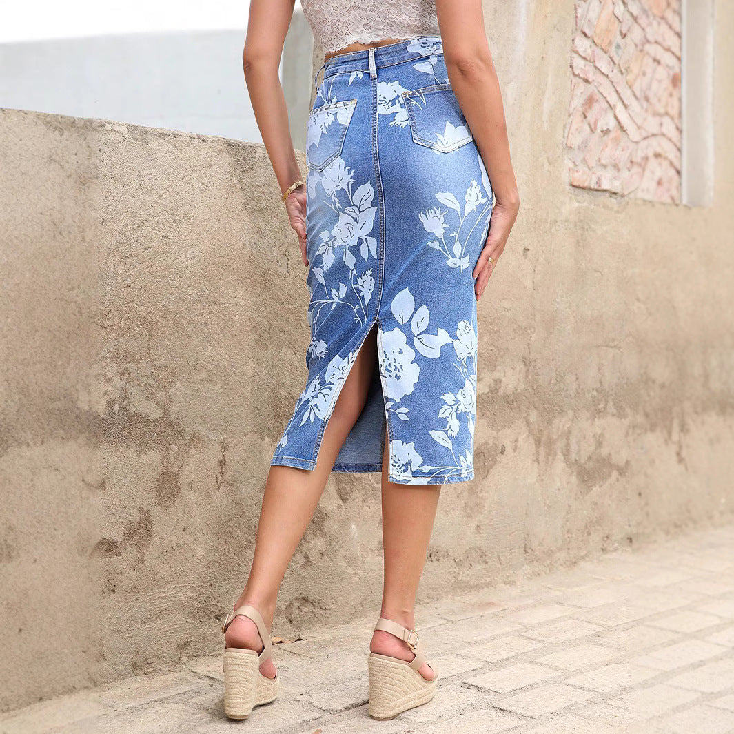 Damen taillenhoher floraler Denim-Bleistiftrock (Midi) Echo Archiv