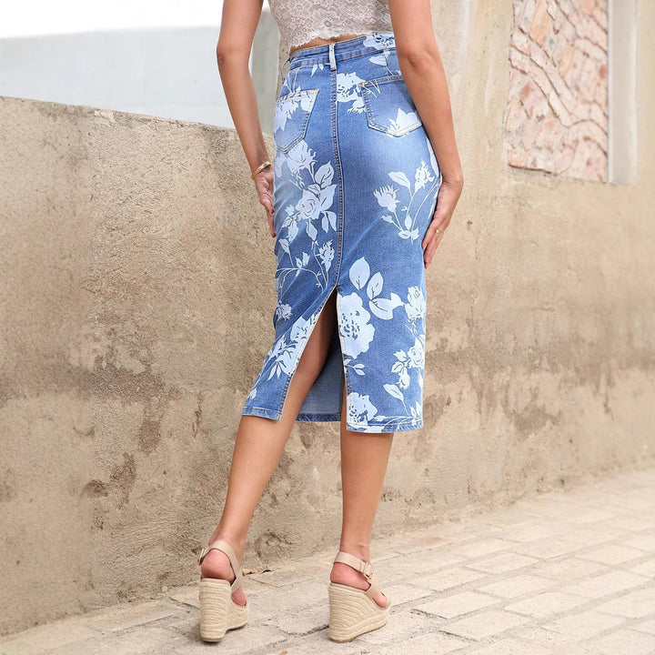 Damen taillenhoher floraler Denim-Bleistiftrock (Midi) Echo Archiv