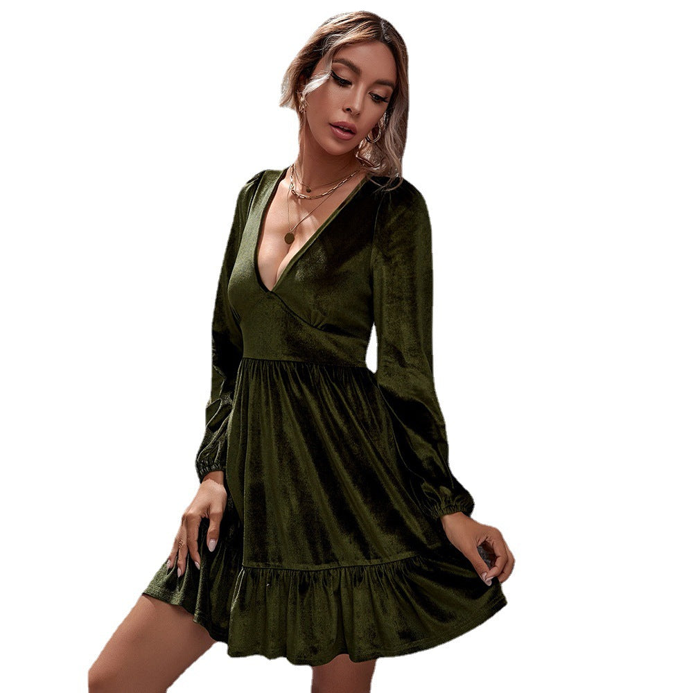 Damen samtiges V-Ausschnitt Minikleid mit Empire-Taille, langen Ärmeln und Volantrock – Élara