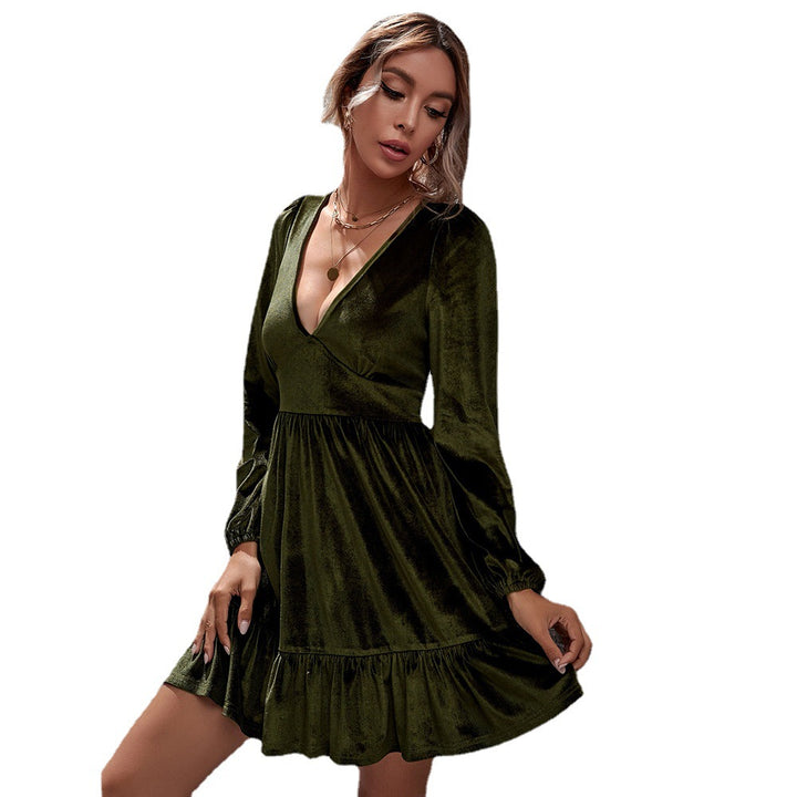 Damen samtiges V-Ausschnitt Minikleid mit Empire-Taille, langen Ärmeln und Volantrock – Élara