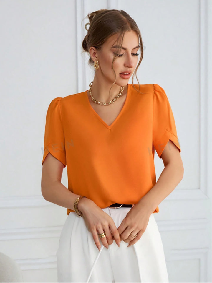 Damen V-Ausschnitt Bluse mit Puffärmeln Echo Archiv