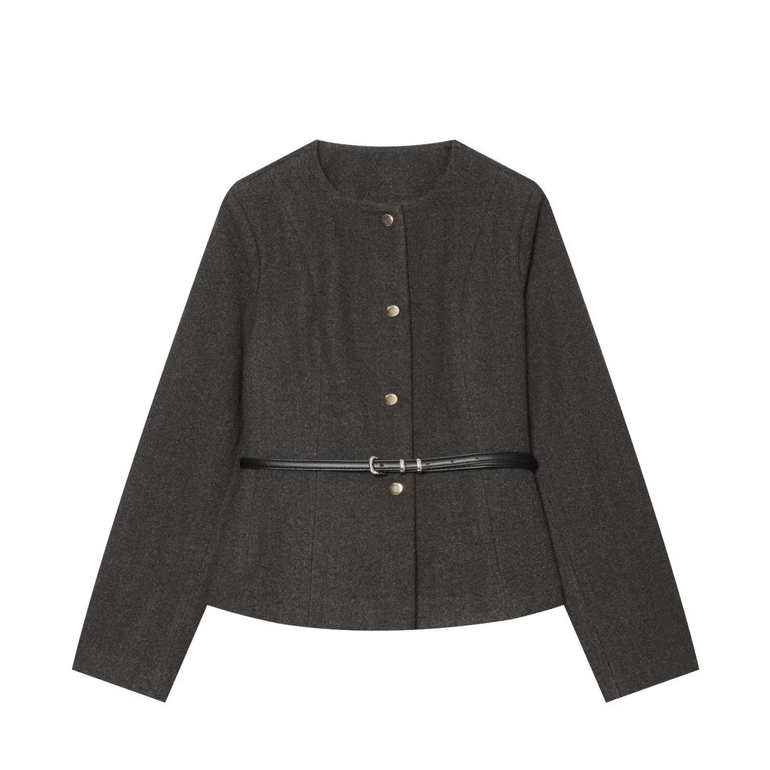 Damen Kurzjacke aus Wollmix mit Rundhalsausschnitt, Druckknopfverschluss und schmalem Taillengürtel Echoarchiv