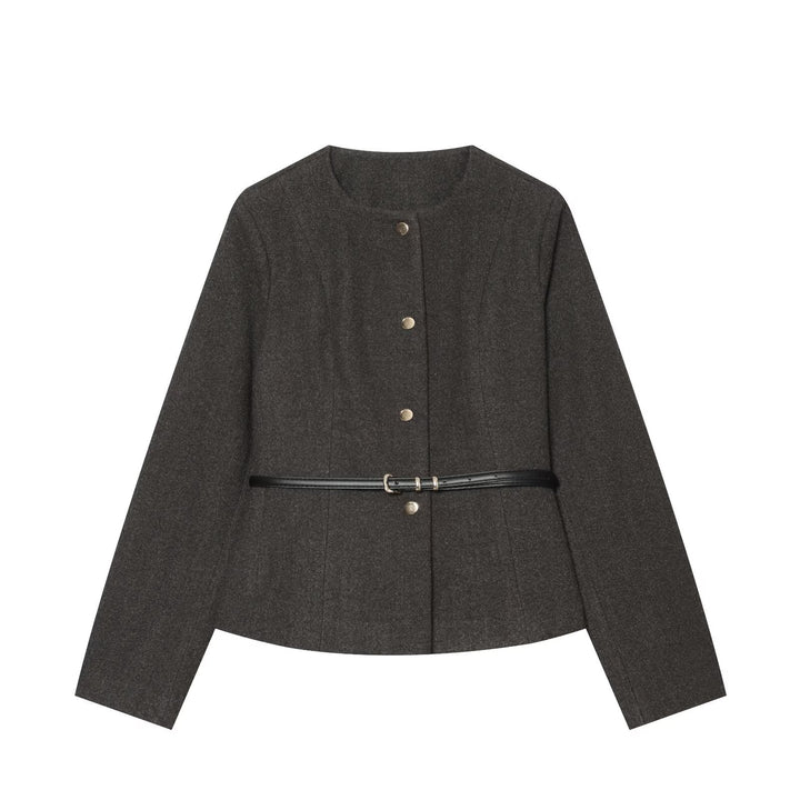 Damen Kurzjacke aus Wollmix mit Rundhalsausschnitt, Druckknopfverschluss und schmalem Taillengürtel Echoarchiv
