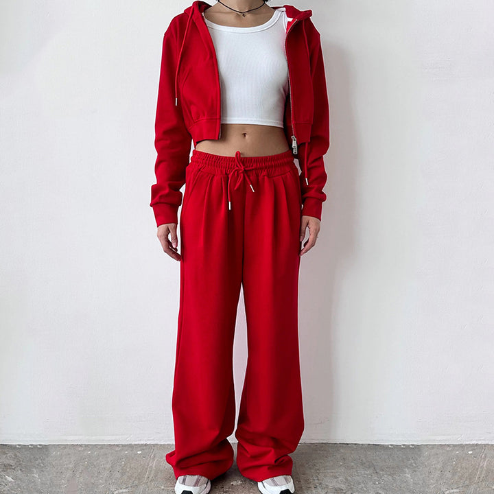 Damen Kurzes Zip-Kapuzen-Set mit taillenhoher weiter Loungehose – Auréline