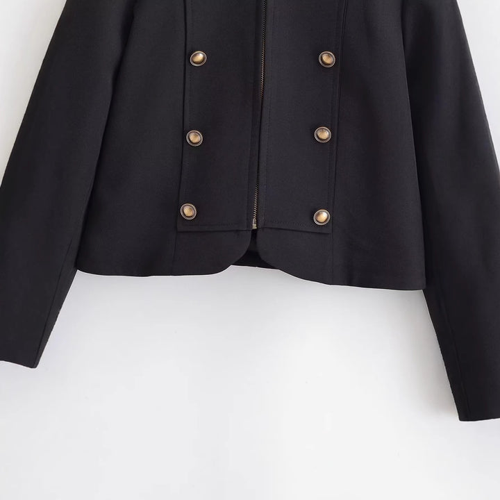 Damen taillierte Kurzjacke im Militärstil mit dekorativer Doppelknopfleiste, Reißverschluss und Schulterpatten Echo Archiv
