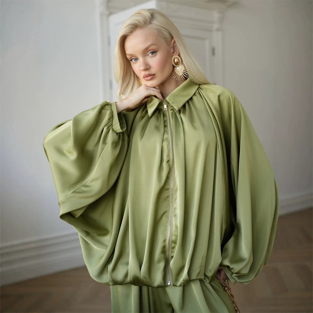 Damen Elegantes Satin-Zweiteiler-Set mit Oversize-Blouson und weiter Palazzo-Hose Echoarchiv