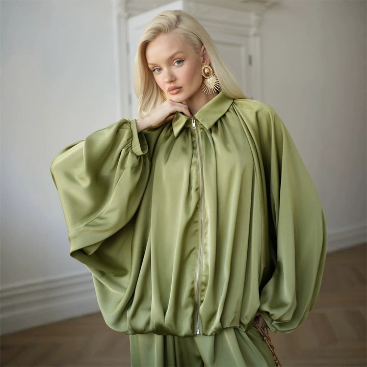Damen Elegantes Satin-Zweiteiler-Set mit Oversize-Blouson und weiter Palazzo-Hose Echoarchiv