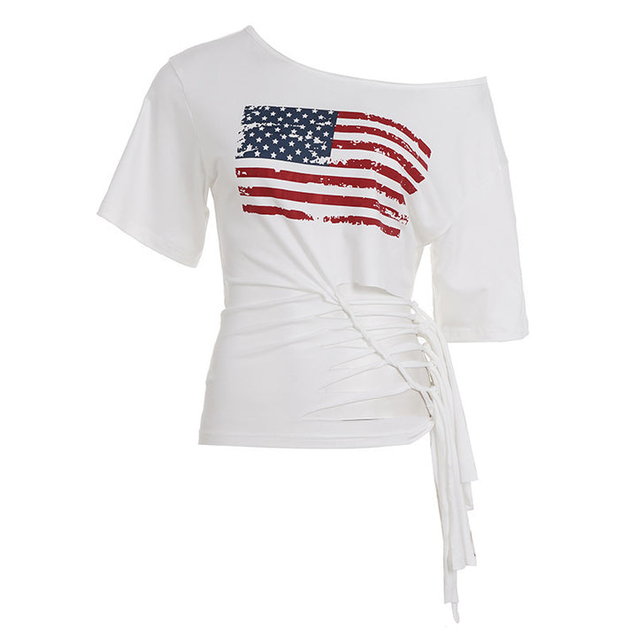 Damen Crop-Top mit Flaggenmotiv und raffinierten Fransen Echo Archiv