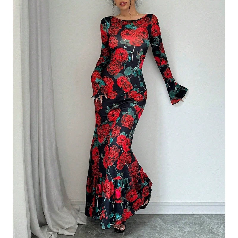 Damen nan eng anliegendes Maxikleid mit Meerjungfrauen-Schnitt, langen Glockenärmeln und Rüschensaum Echo Archiv
