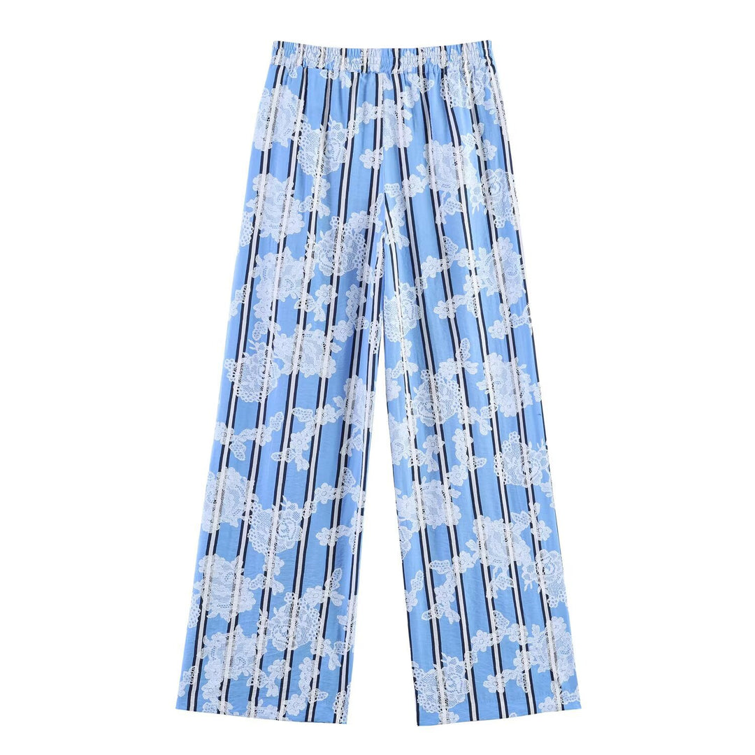 Damen Weite Palazzo-Hose mit elastischem Bund und floralem Streifen-Print Echo Archiv