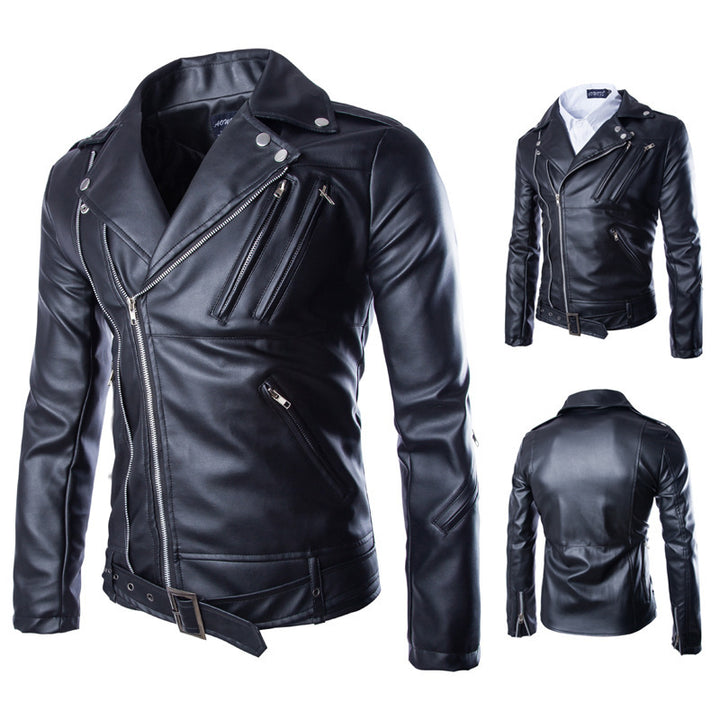 Herren elegante Biker-Lederjacke mit asymmetrischem Reißverschluss und funktionalen Taschen Echoarchiv