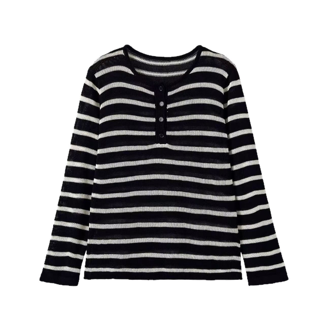 Damen Gestreifter Feinstrick-Pullover mit Knopfleiste und Rundhalsausschnitt Echoarchiv