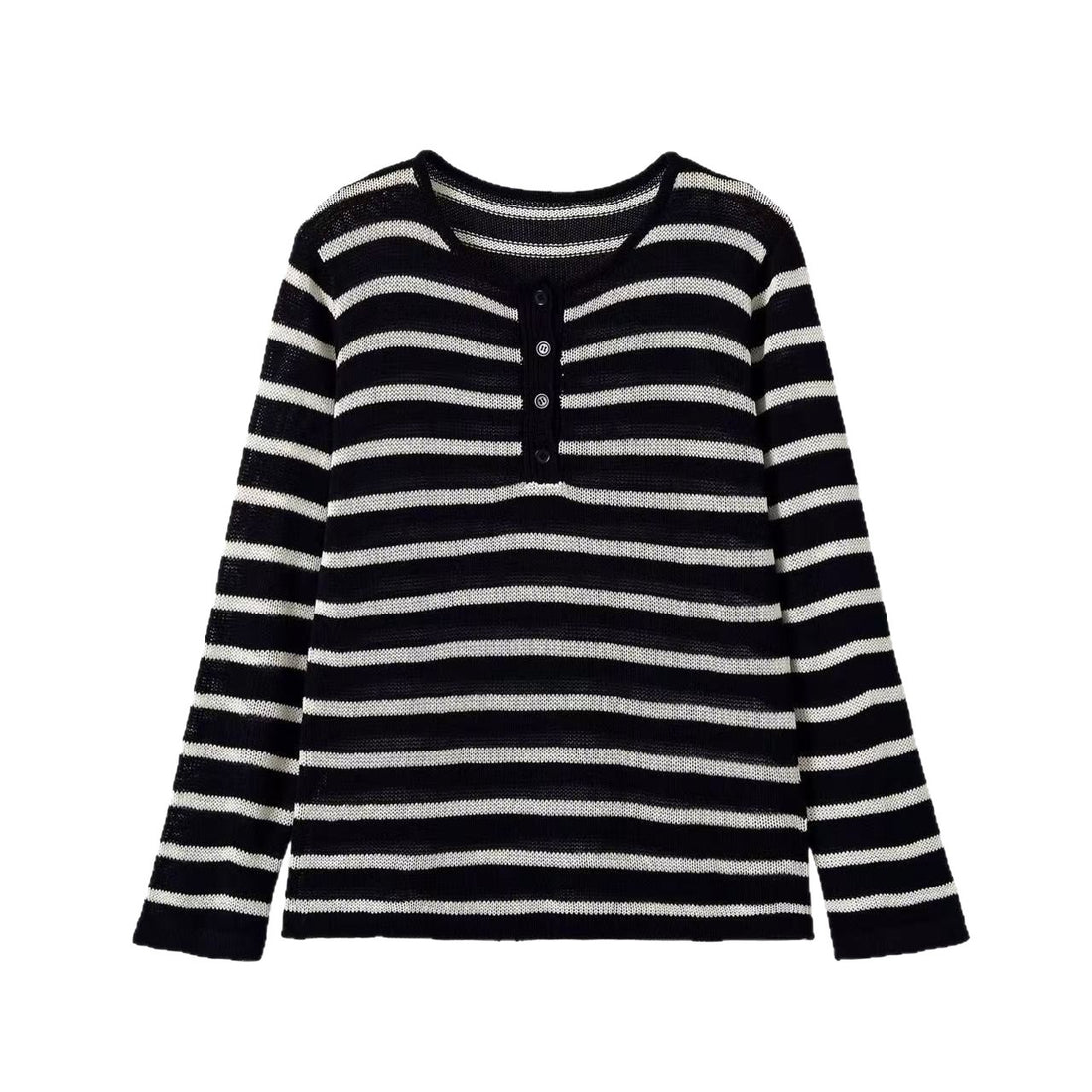 Damen Gestreifter Feinstrick-Pullover mit Knopfleiste und Rundhalsausschnitt Echoarchiv