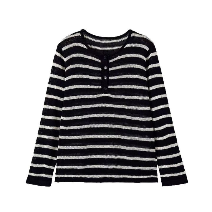 Damen Gestreifter Feinstrick-Pullover mit Knopfleiste und Rundhalsausschnitt Echoarchiv