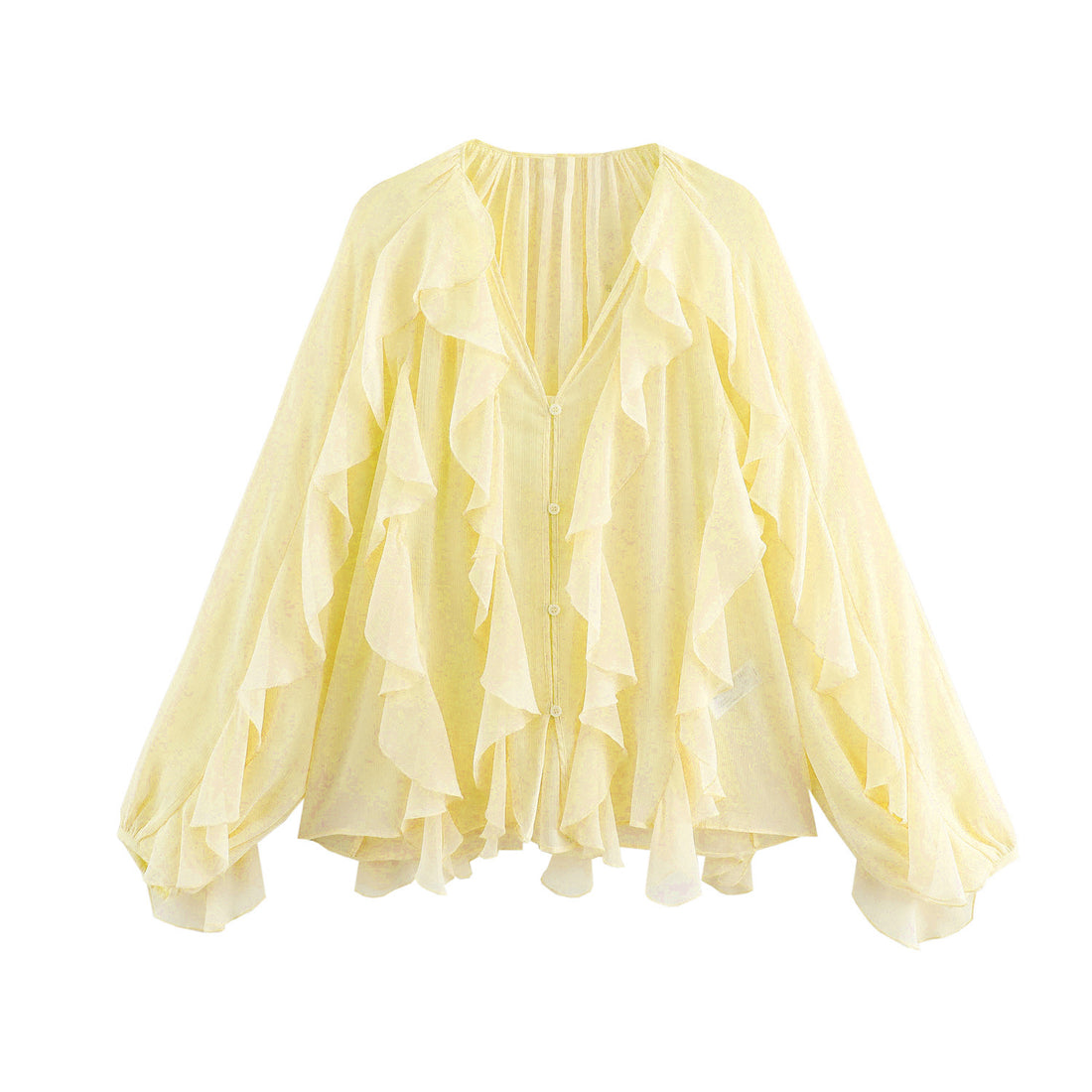 Damen feminine Chiffon-Volantbluse mit Ballonärmeln und V-Ausschnitt – Élovi