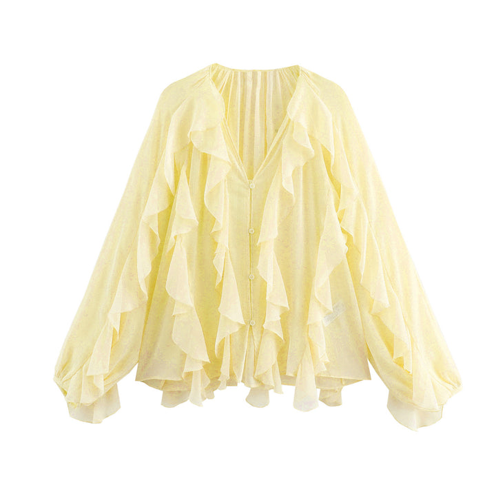 Damen nan feminine Chiffon-Volantbluse mit Ballonärmeln und V-Ausschnitt Echo Archiv