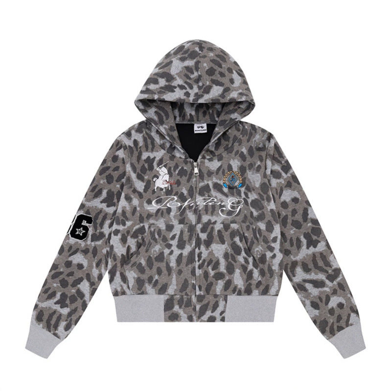 Damen Kapuzen-Sweatjacke mit Kunstfellbesatz, Leo-Allover und Reißverschluss Echoarchiv