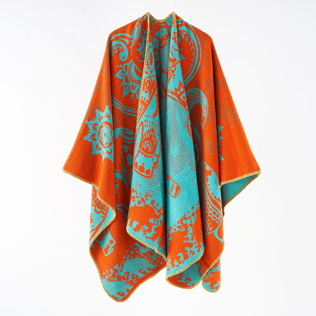 Damen Jacquard-Überwurfponcho mit doppelseitiger Webstruktur und Zierstichkante Echo Archiv