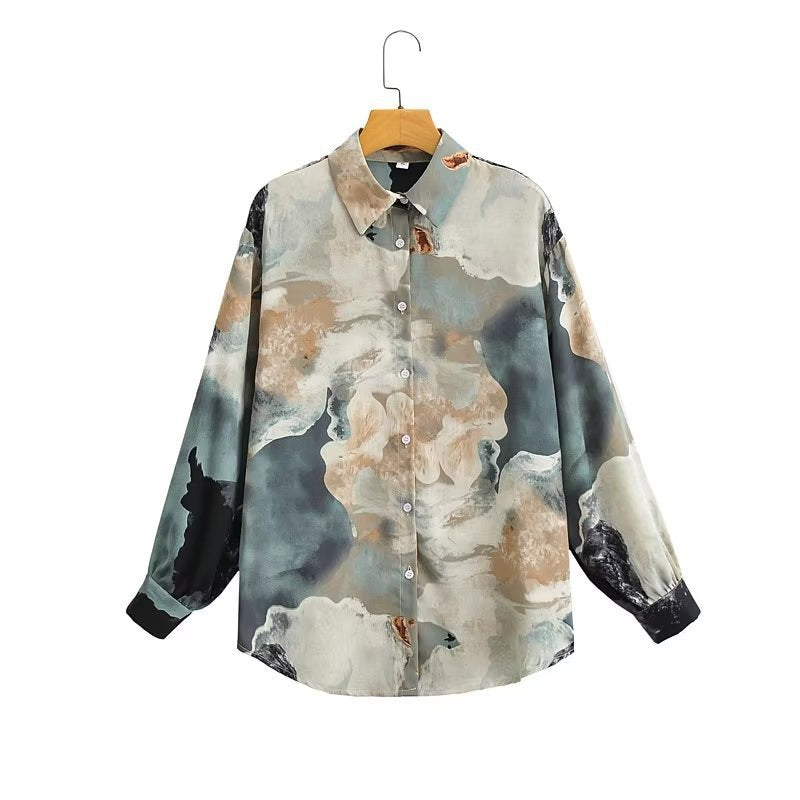 Damen Seidenoptik-Hemdbluse mit abstraktem Print und Oversize-Schnitt Echo Archiv