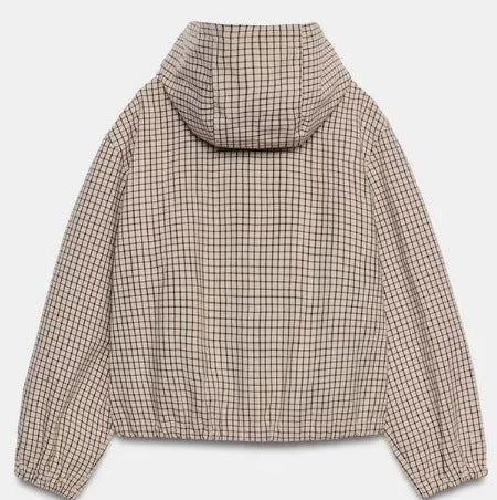 Damen Karierte Cropped Kapuzenjacke mit Tunnelzugsaum und Zwei‑Wege‑Reißverschluss Echo Archiv