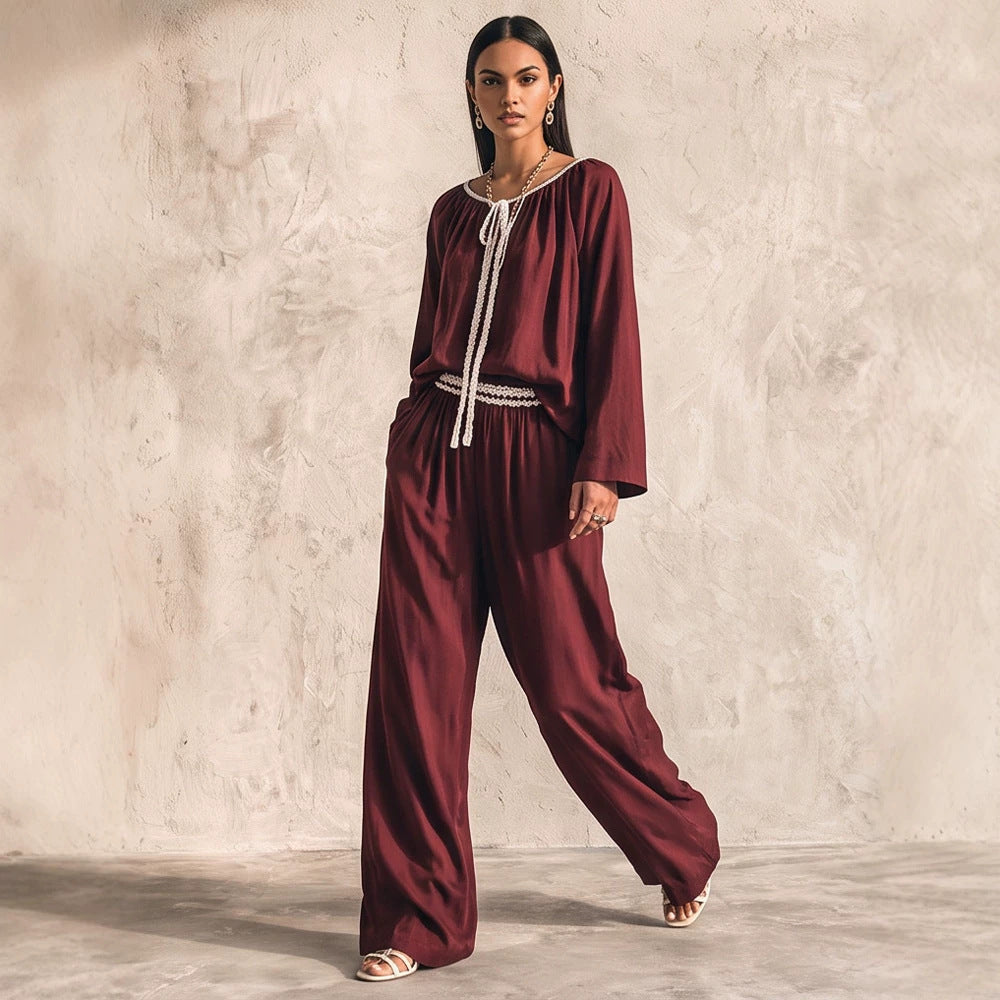 Damen Fließendes zweiteiliges Loungewear-Set aus Seidenoptik mit weiter Palazzohose und geraffter Tunika Echoarchiv