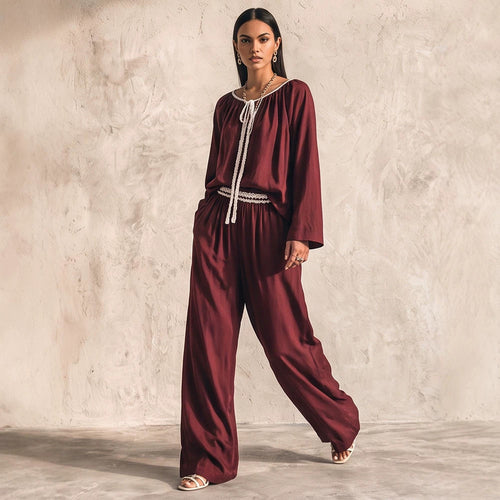 Damen Fließendes zweiteiliges Loungewear-Set aus Seidenoptik mit weiter Palazzohose und geraffter Tunika Echoarchiv