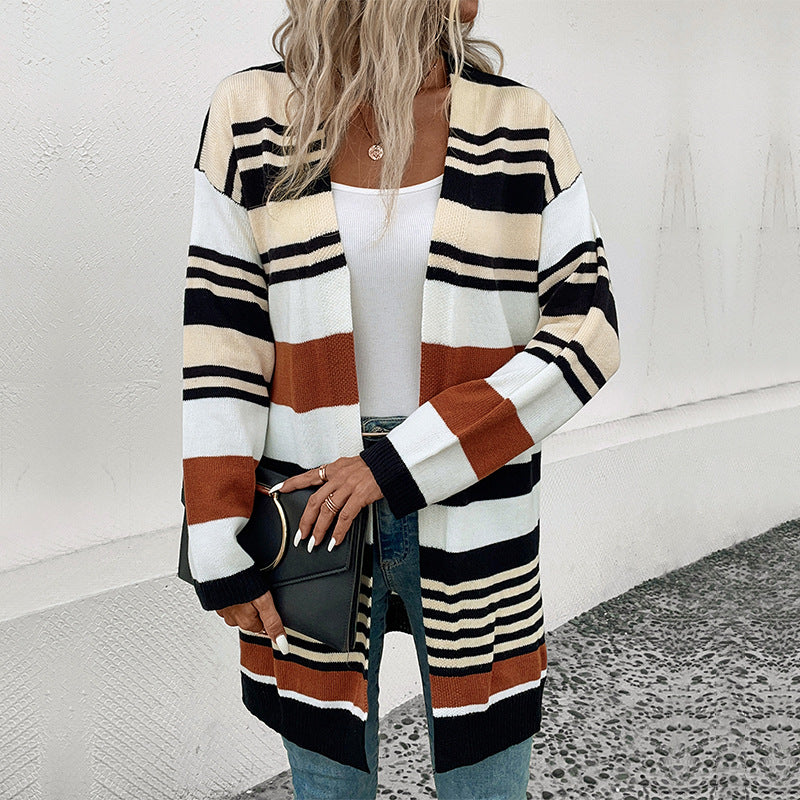 Damen Oversize Strickcardigan mit Blockstreifen, offener Front und langen Ärmeln Echoarchiv
