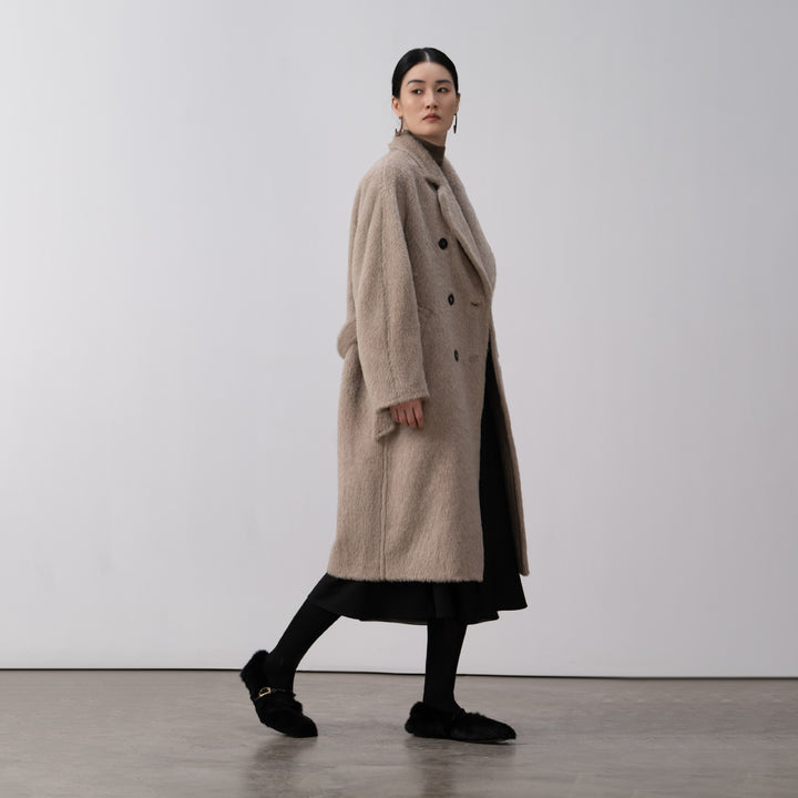 Damen Luxuriöser Doppelreihiger Fleece-Mantel Echoarchiv