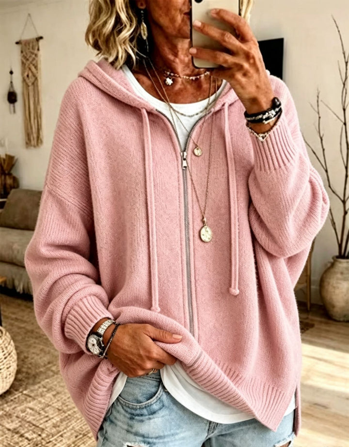 Damen Oversize Kapuzen-Zip-Cardigan aus weichem Feinstrick – Auréline