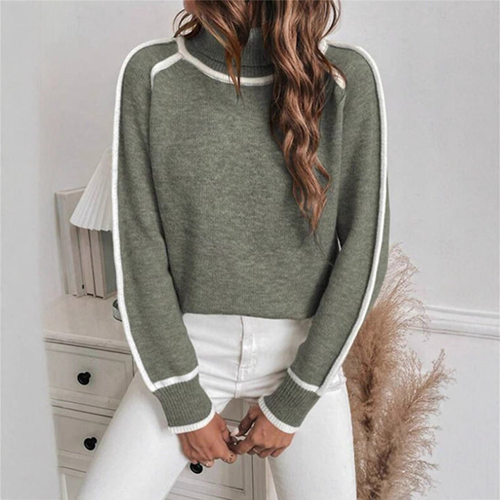 Damen Eleganter Rollkragenpullover mit Strukturierter Strickoberfläche und Farblich Abgesetzten Akzenten Echoarchiv