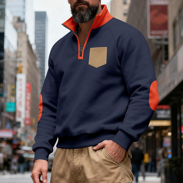 Herren nan Quarterzip-Sweatshirt mit Stehkragen, kontrastiertem Reißverschluss, Ellbogenpatches und Brusttasche Echo Archiv