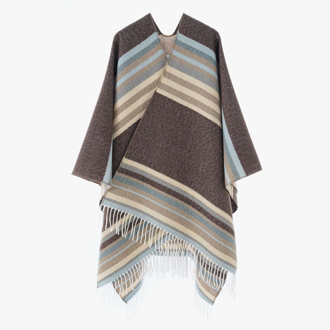 Damen Gestreifter Wollmix-Poncho mit Fransensaum – Avérine