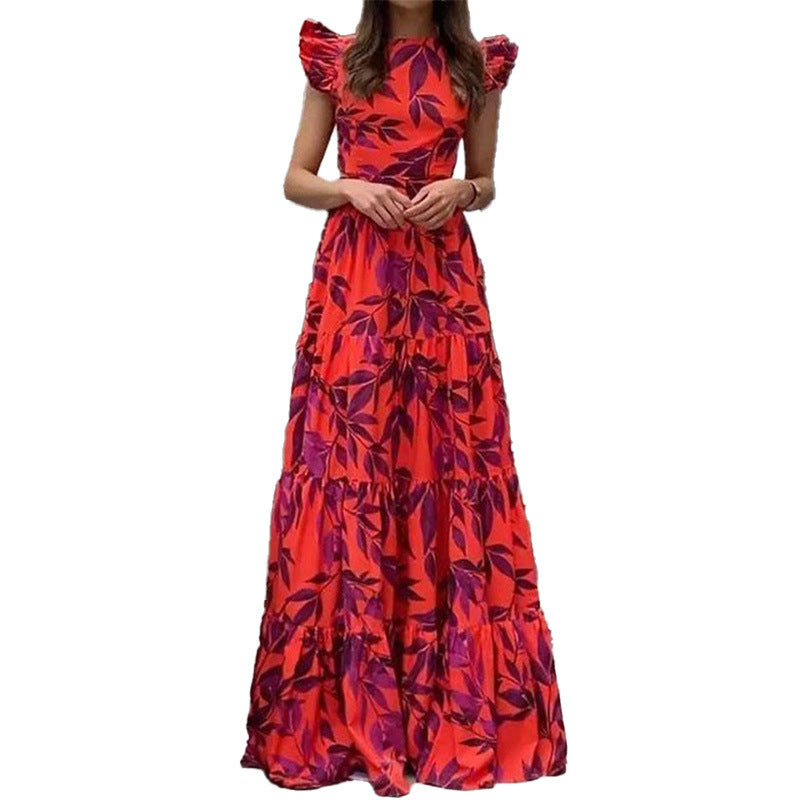 Damen Boho Maxikleid mit Voluminösen Rüschenärmeln und Gestuftem Rock Echoarchiv