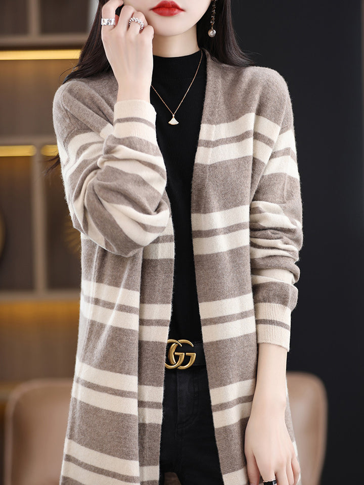 Damen Oversize-Longcardigan aus weichem Wollmix mit kontrastierenden Blockstreifen Echoarchiv