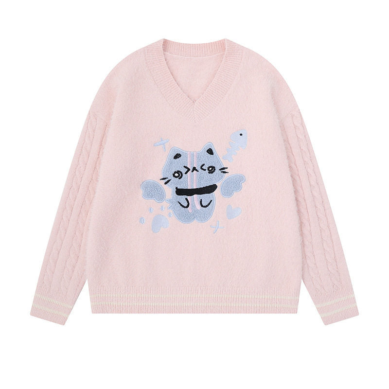 Damen V-Ausschnitt Strickpullover mit Zopfärmeln und Chenille-Katzenmotiv Echoarchiv