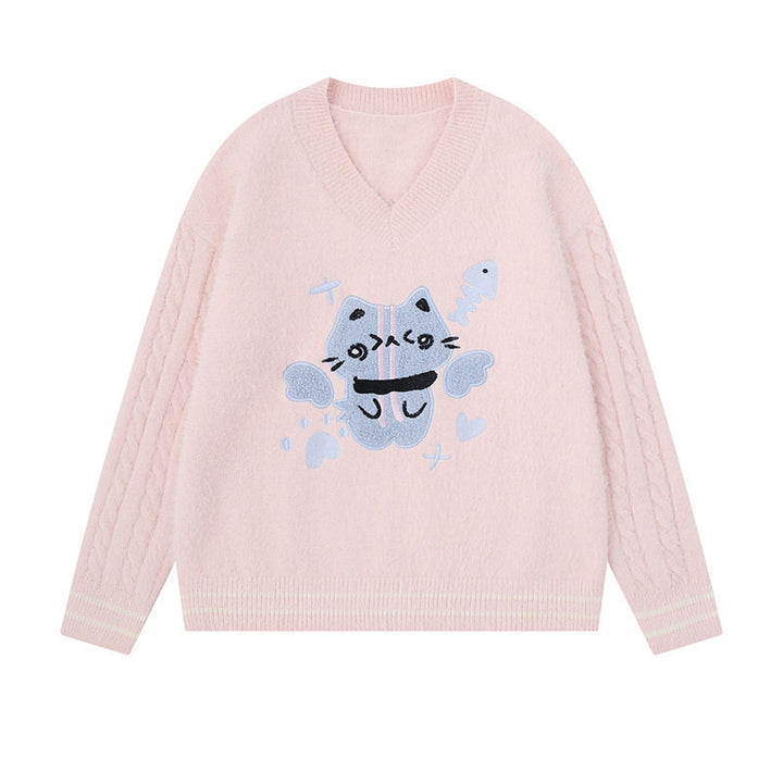 Damen V-Ausschnitt Strickpullover mit Zopfärmeln und Chenille-Katzenmotiv Echoarchiv