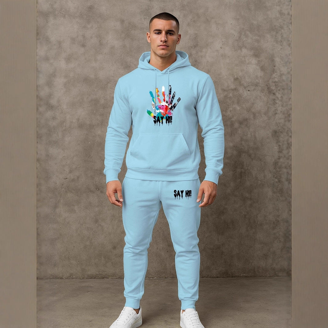 Herren lässiger Kapuzenpullover mit passender Jogginghose und grafischem Print Echoarchiv