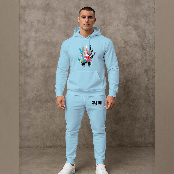 Herren lässiger Kapuzenpullover mit passender Jogginghose und grafischem Print Echoarchiv