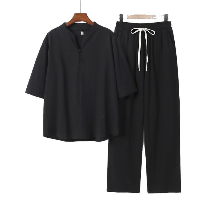 Unisex Lockeres Lounge-Set mit Stehkragen-Halbarmshirt und Elastischer Bundhose Echoarchiv