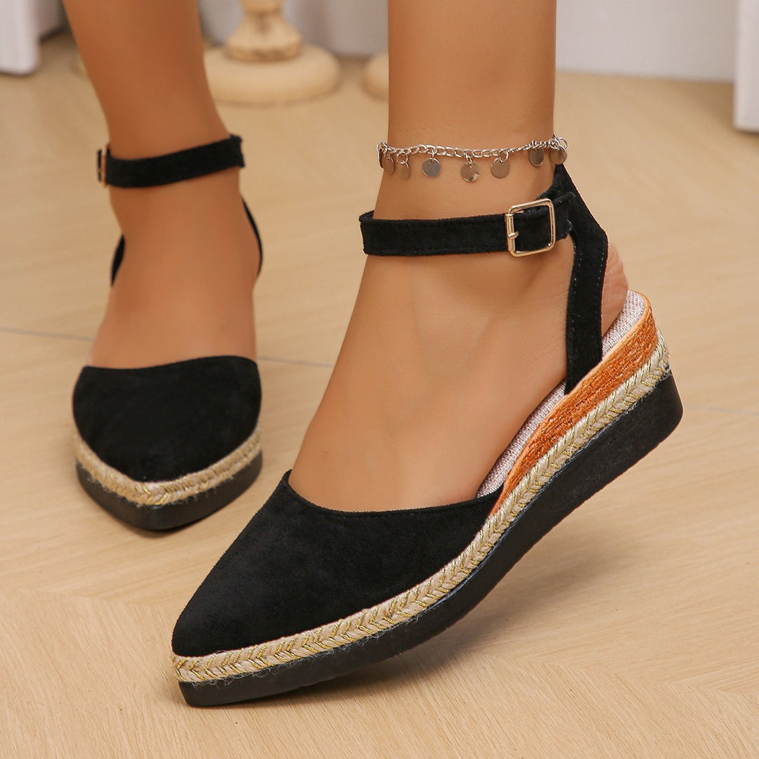 Damen nan geschlossene Velours-Espadrille mit Keilplattform, verstellbarem Knöchelriemen und geflochtenem Bastrand Echo Archiv