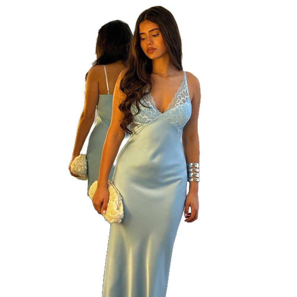 Damen Elegantes Seiden-Maxikleid mit Spitzenverzierung Echo Archiv