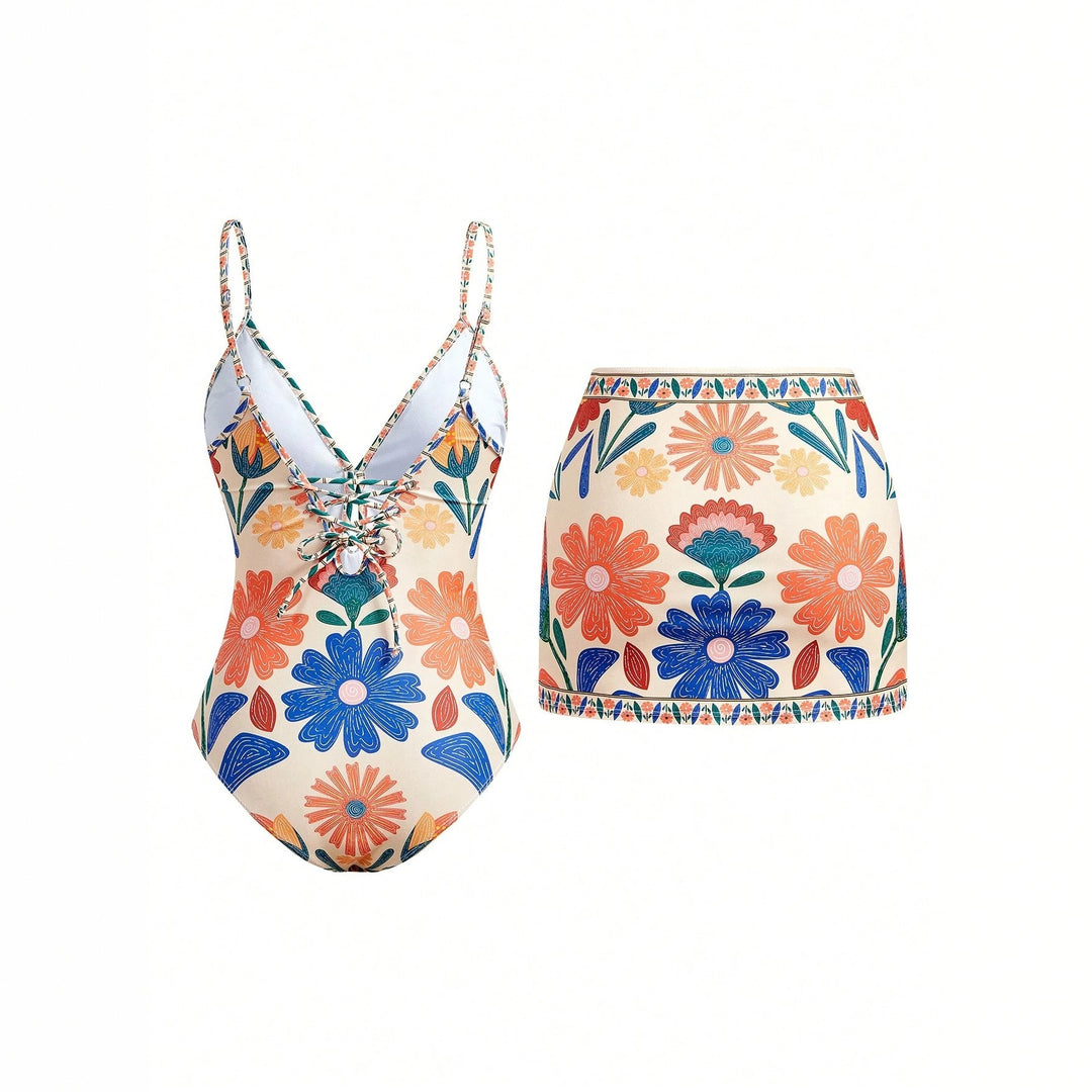 Damen Blumenmuster Badeanzug mit passendem Rock Echo Archiv