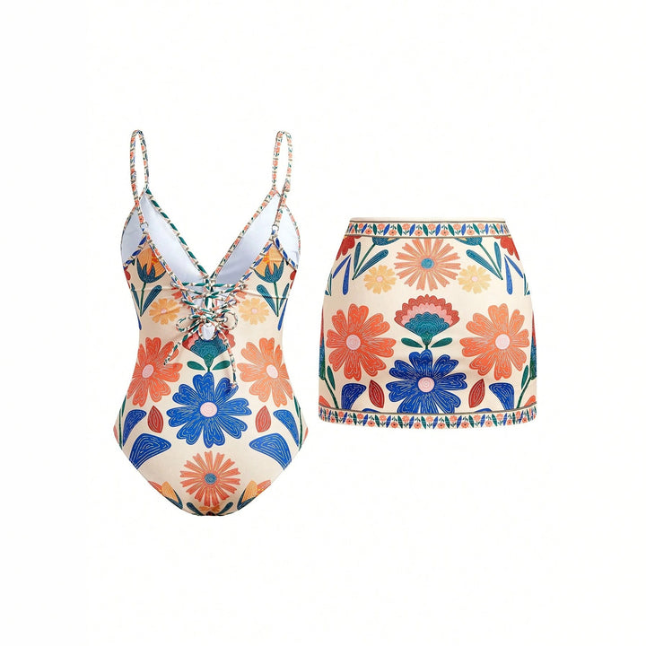 Damen Blumenmuster Badeanzug mit passendem Rock Echo Archiv