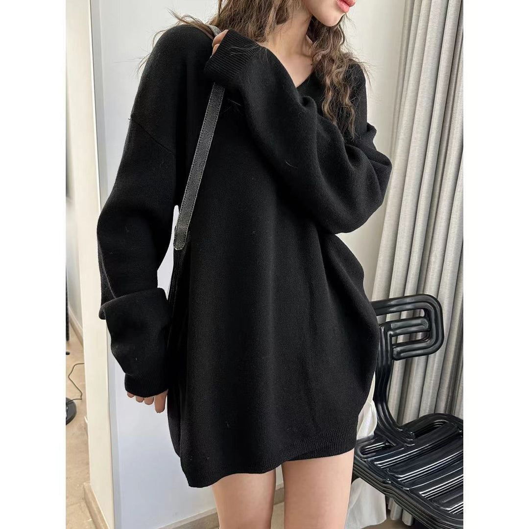 Damen Oversized V-Ausschnitt Feinstrick-Longpullover mit Seitenschlitzen Echoarchiv