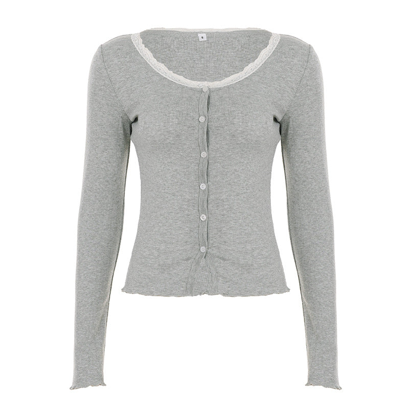 Damen nan feiner Kurzcardigan mit Knopfleiste, Spitzenkragen und welligem Saum Echo Archiv