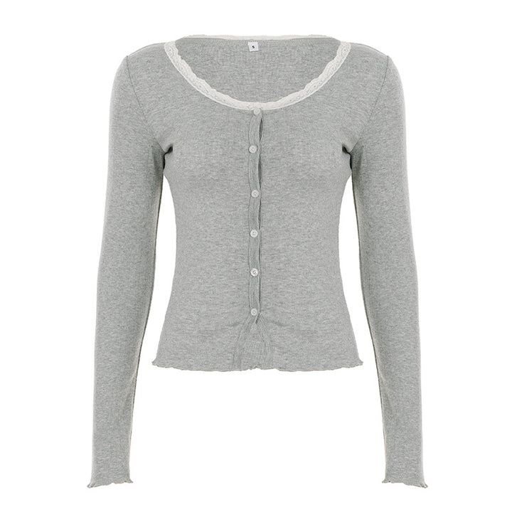 Damen nan feiner Kurzcardigan mit Knopfleiste, Spitzenkragen und welligem Saum Echo Archiv