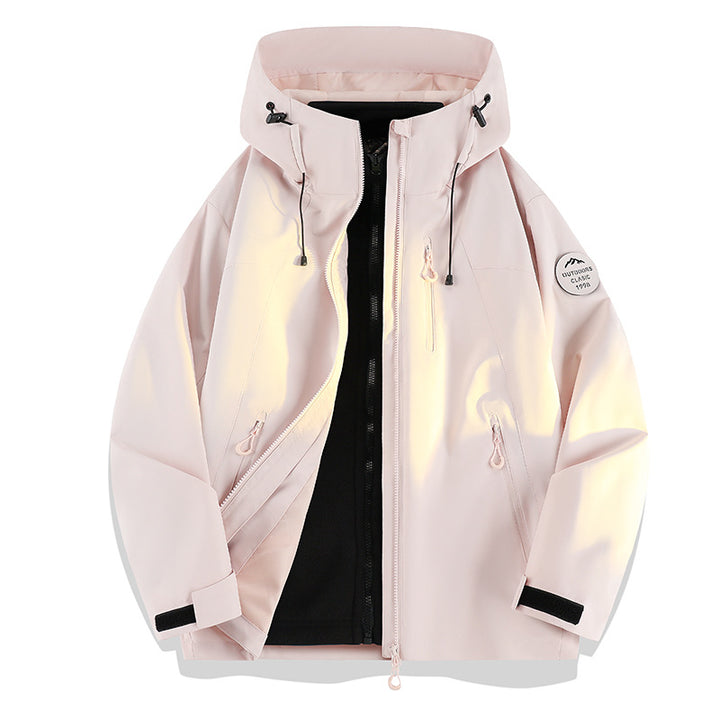 Damen Leichte wasserdichte Kapuzenjacke mit Teddy‑Charm und verdeckten Reißverschlusstaschen Echoarchiv