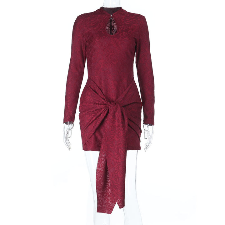Damen Tailliertes Jacquard-Minikleid mit Drapé-Knoten und Langarm – Avérine
