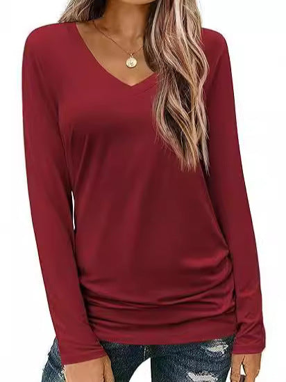 Damen Figurbetontes V‑Ausschnitt Langarmshirt aus Stretch‑Jersey mit leicht gerafftem Saum Echo Archiv