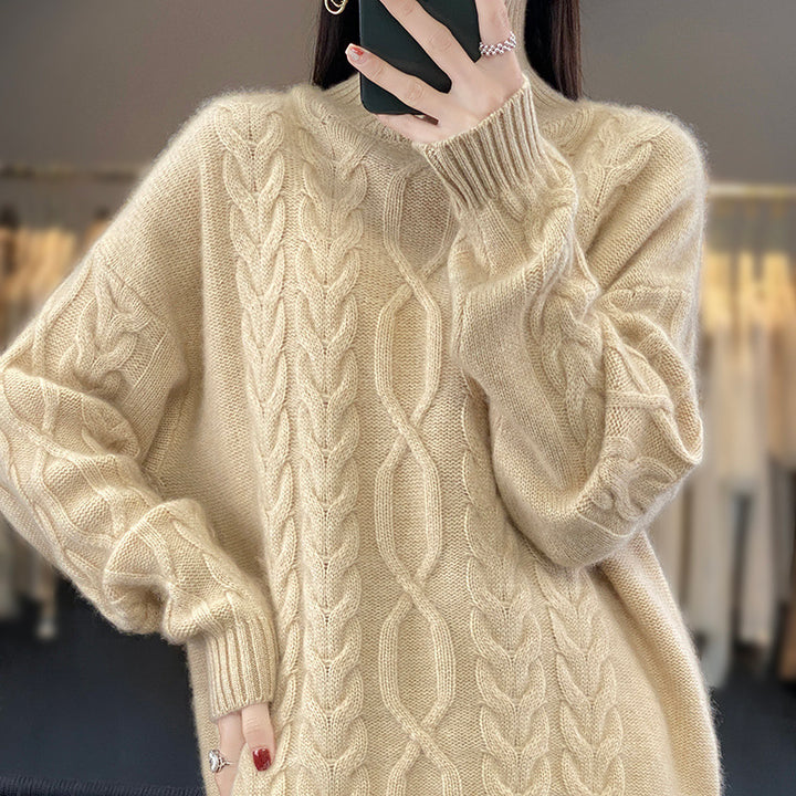Damen Oversize-Zopfmuster-Pullover mit Mohair-Optik und gerippten Bündchen Echoarchiv